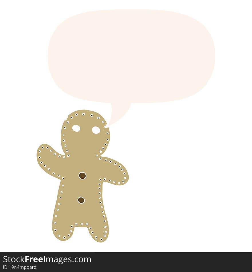 cartoon gingerbread man and speech bubble in retro style