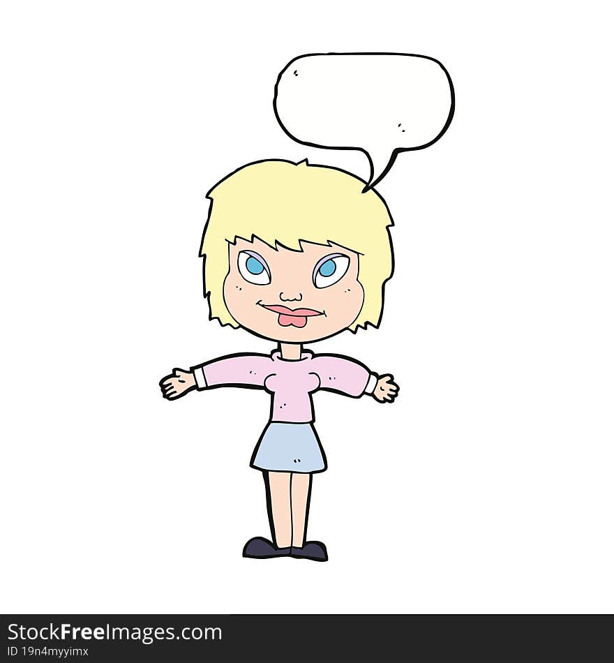 cartoon woman with open amrs with speech bubble