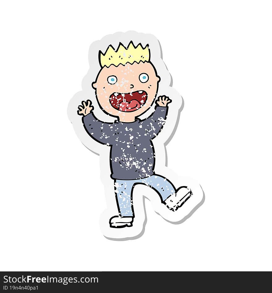 retro distressed sticker of a cartoon crazy happy man