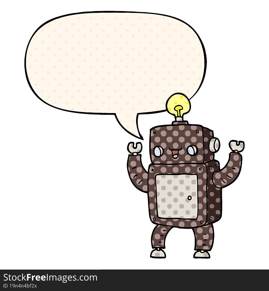 cartoon happy robot with speech bubble in comic book style