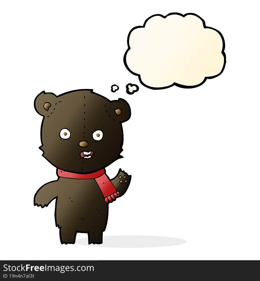 cartoon waving black bear cub with scarf with thought bubble