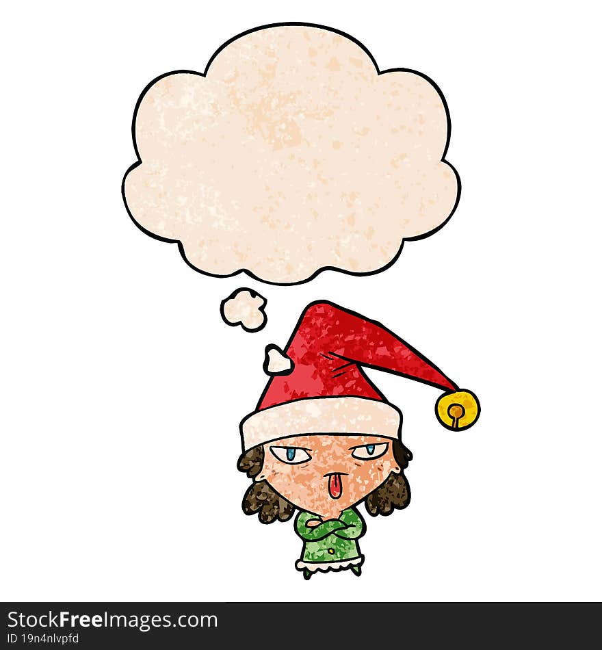 cartoon girl wearing christmas hat and thought bubble in grunge texture pattern style