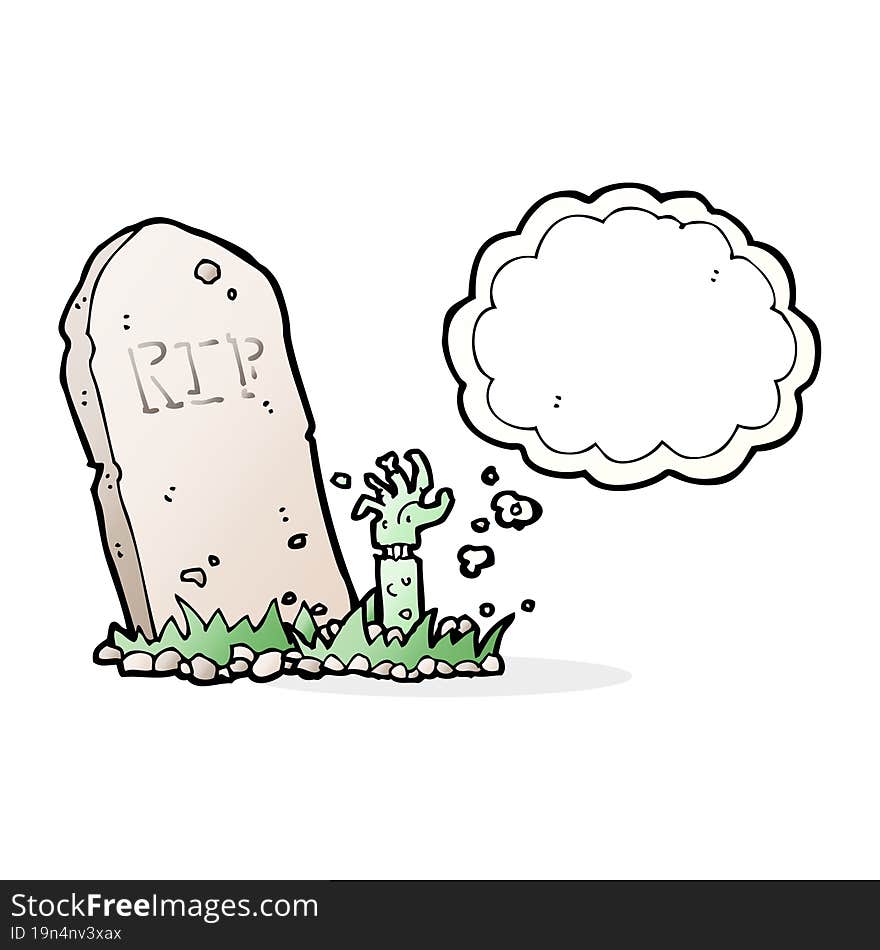 cartoon zombie rising from grave with thought bubble