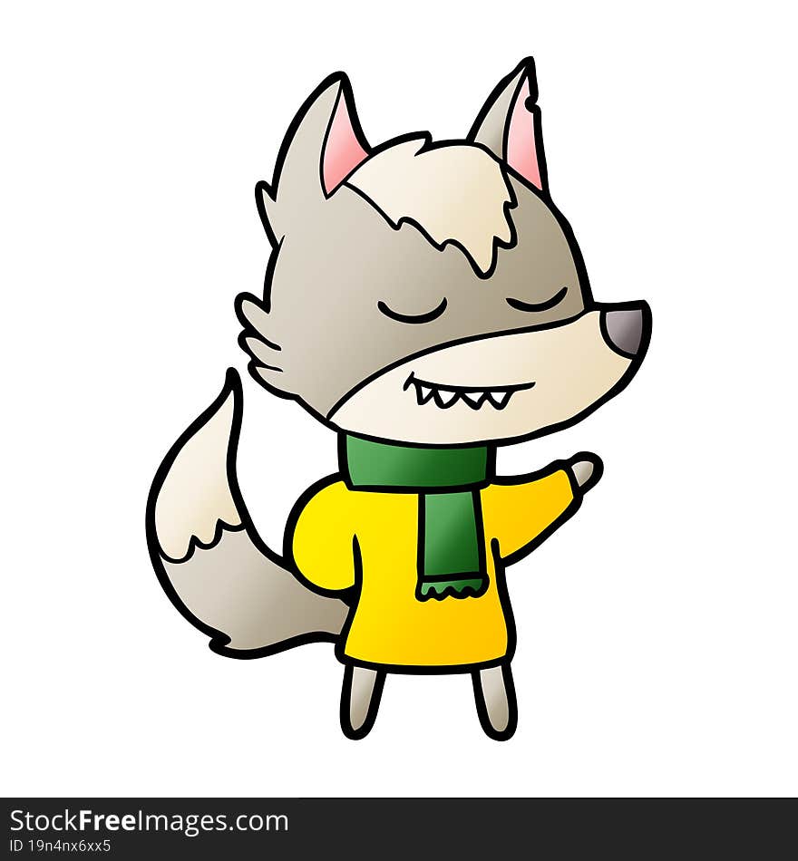 friendly cartoon wolf wearing scarf. friendly cartoon wolf wearing scarf