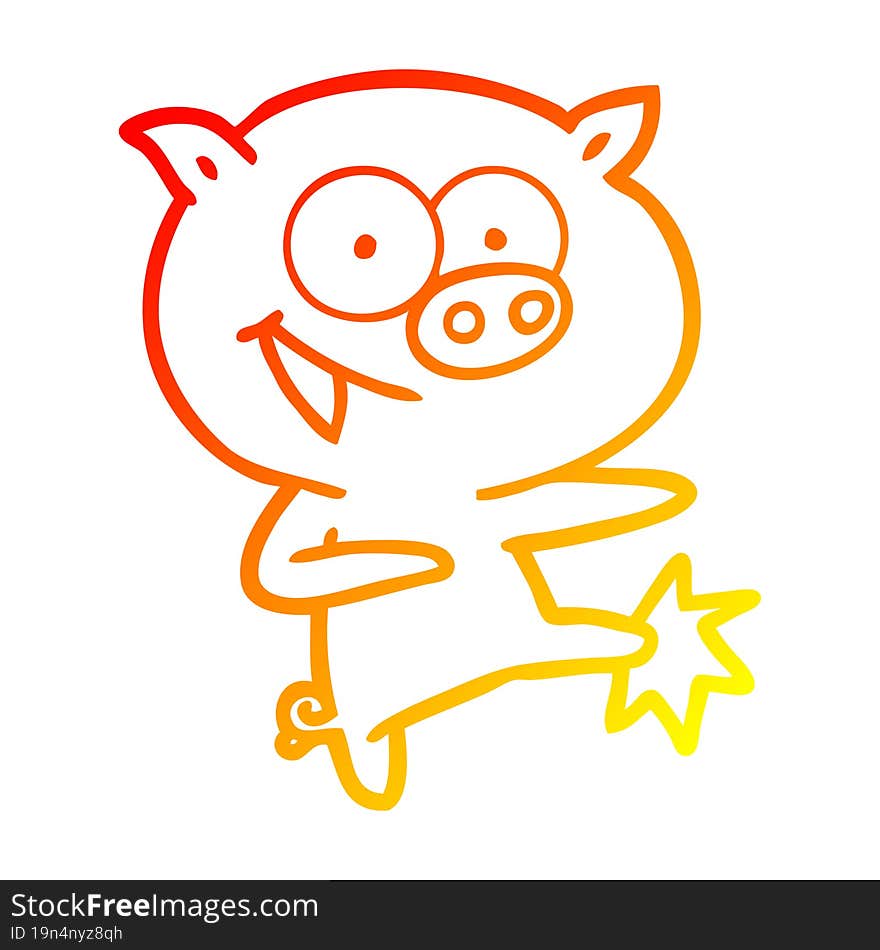 warm gradient line drawing of a cheerful dancing pig cartoon