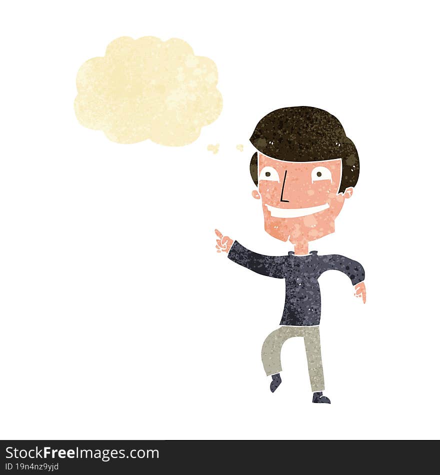 Cartoon Happy Man Pointing With Thought Bubble