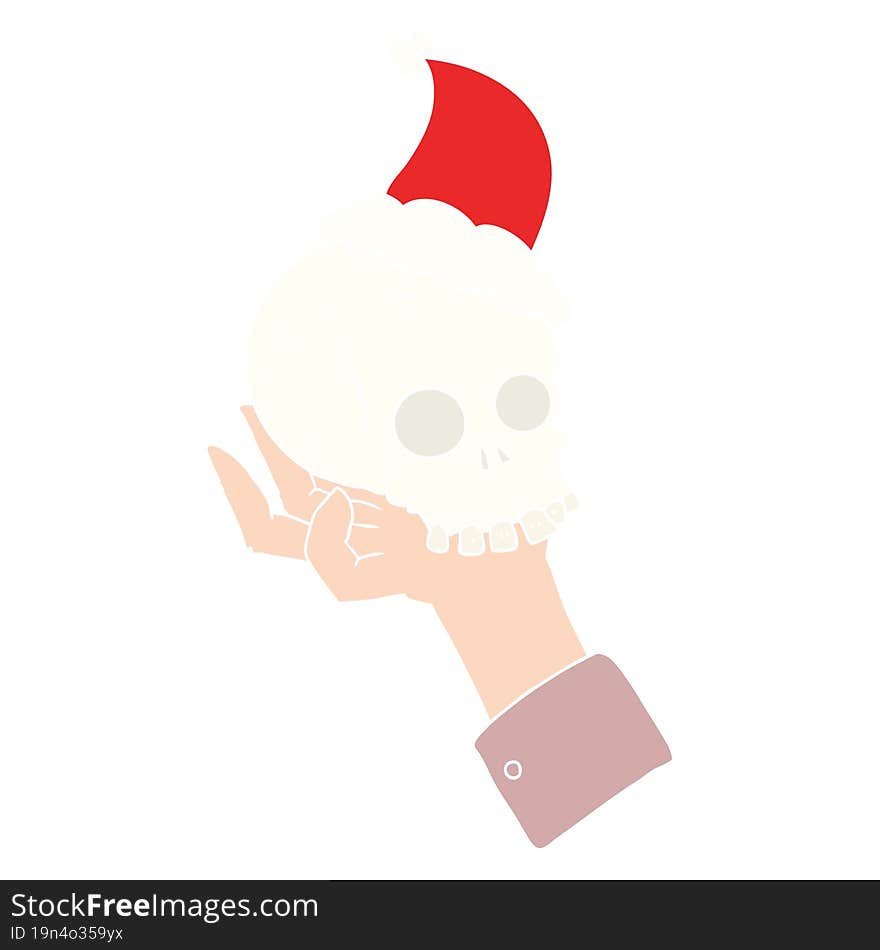 flat color illustration of a hand holding skull wearing santa hat