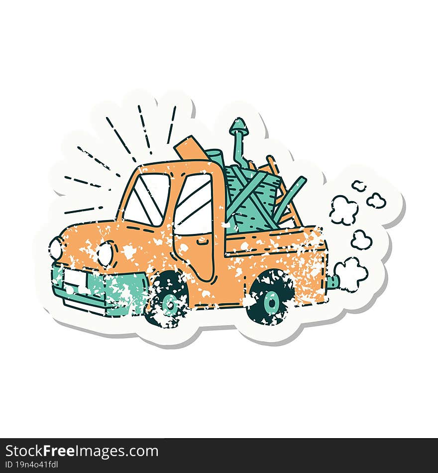 Grunge Sticker Of Tattoo Style Truck Carrying Junk