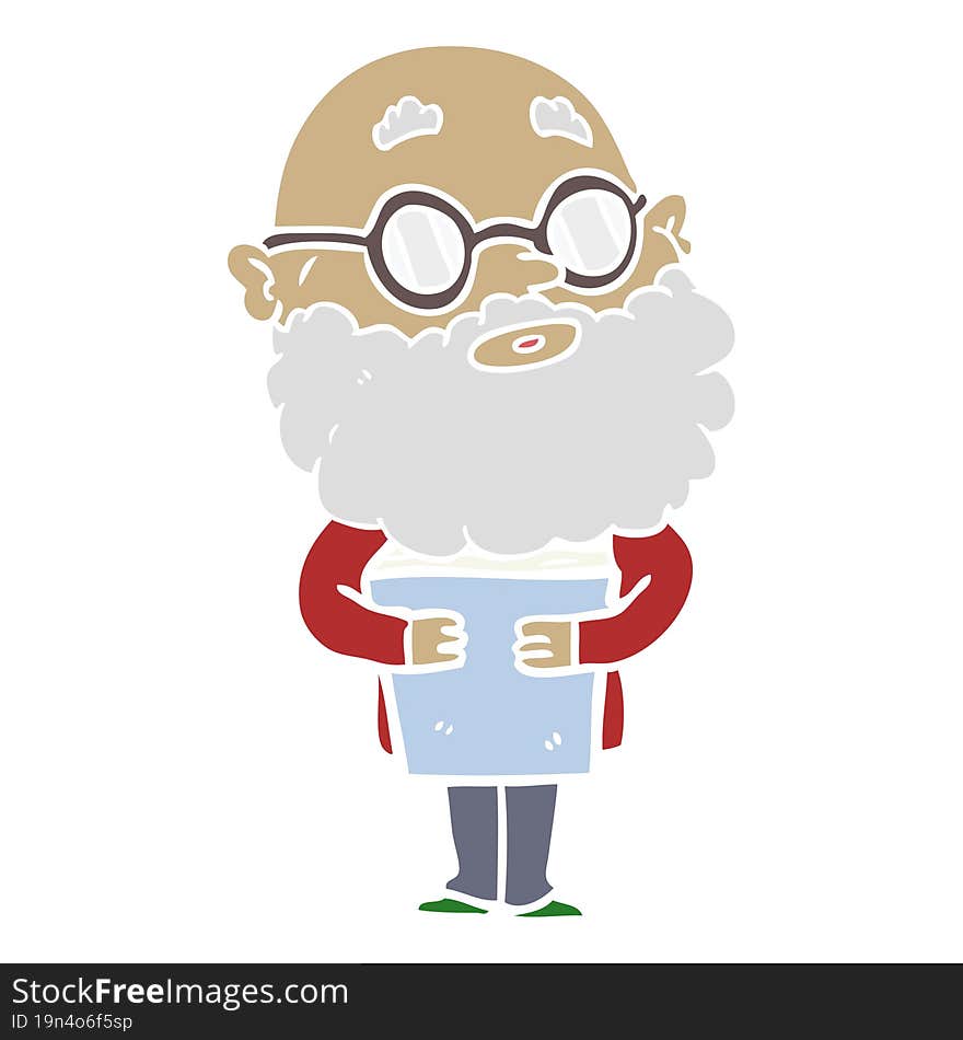 flat color style cartoon curious man with beard and glasses