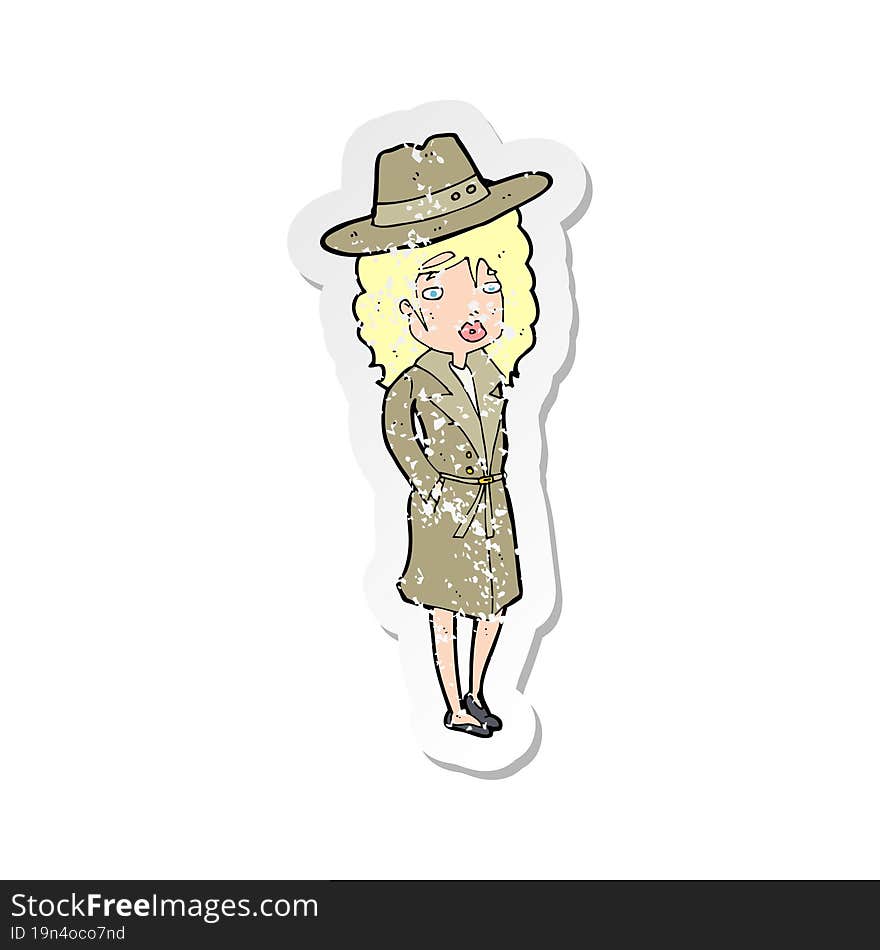 retro distressed sticker of a cartoon woman wearing sensible hat