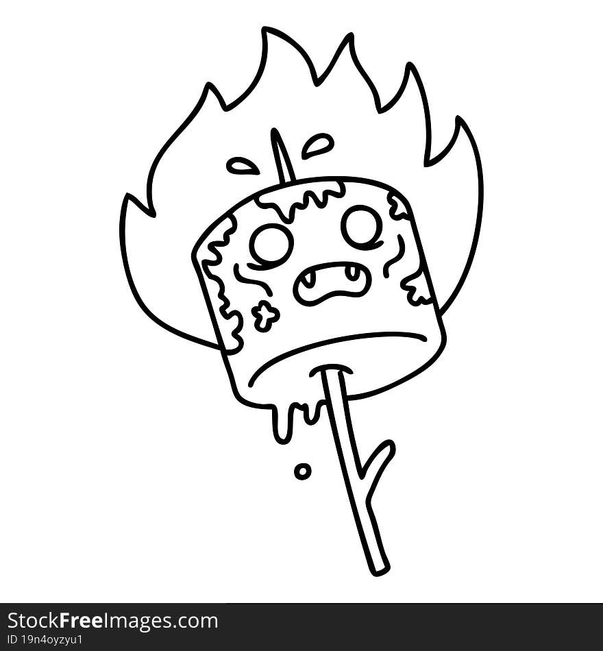 line doodle of a burning marshmallow on a stick. line doodle of a burning marshmallow on a stick