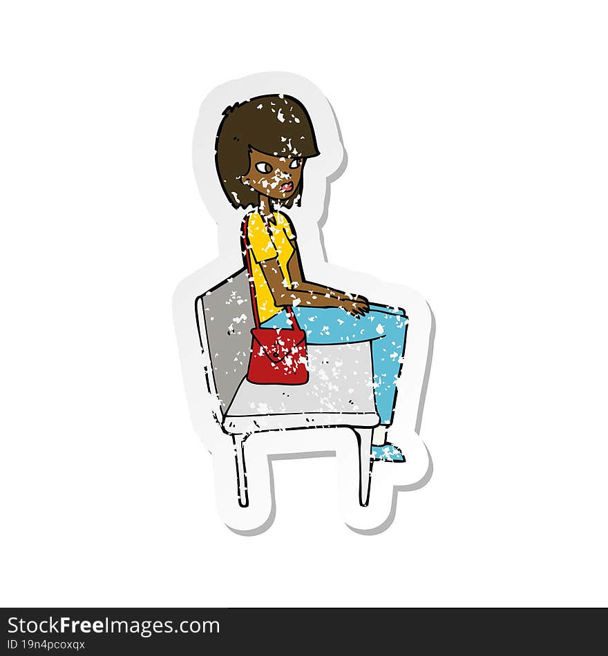 retro distressed sticker of a cartoon woman sitting on bench