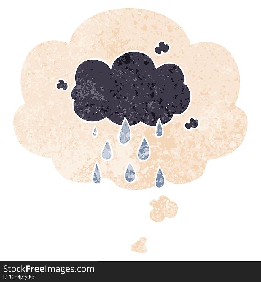 cartoon cloud raining and thought bubble in retro textured style