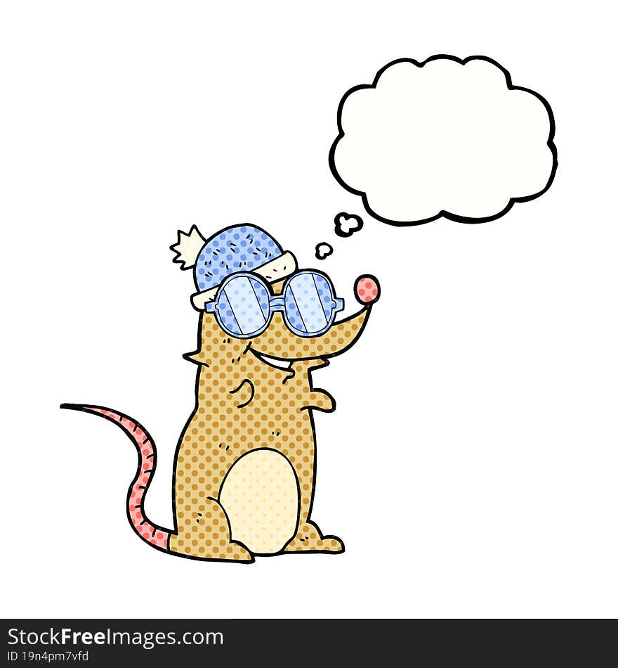 freehand drawn thought bubble cartoon mouse wearing glasses and hat