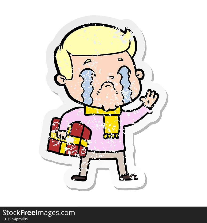 distressed sticker of a cartoon man crying