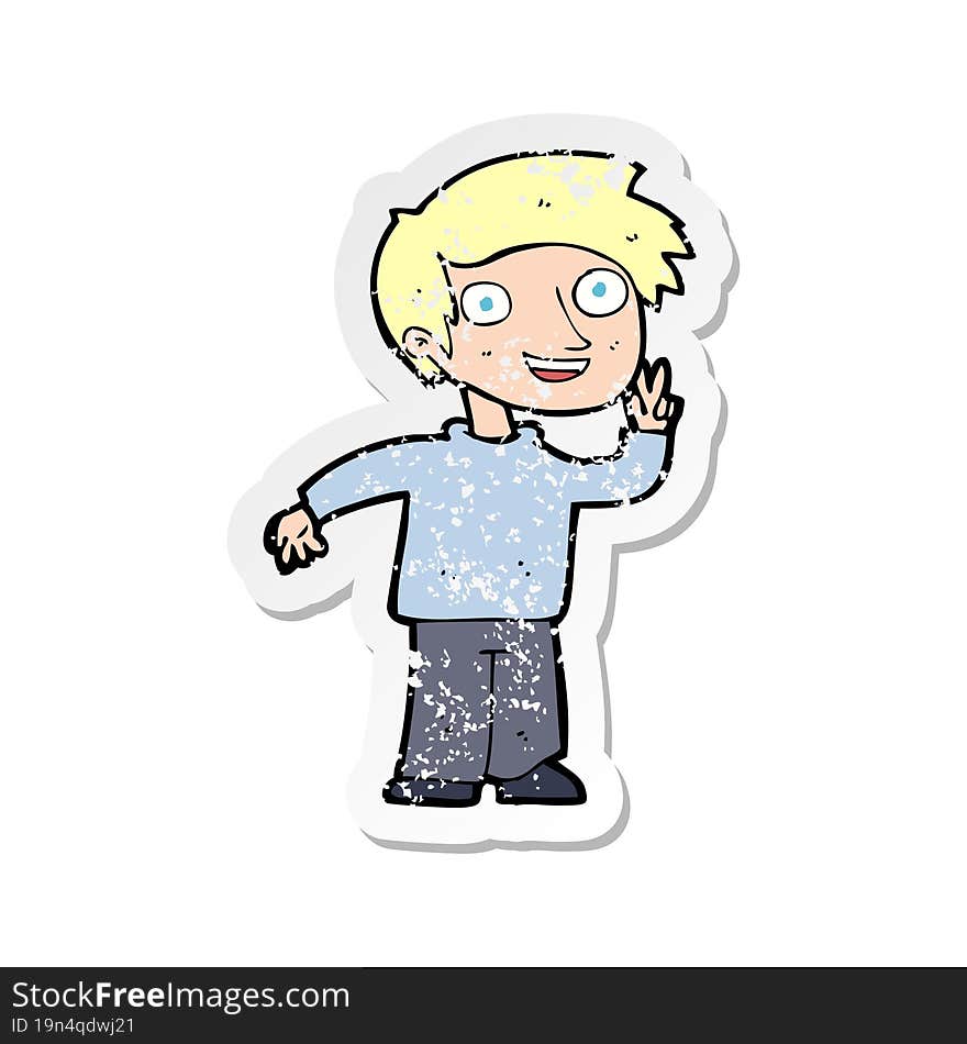 retro distressed sticker of a cartoon boy posing for photo