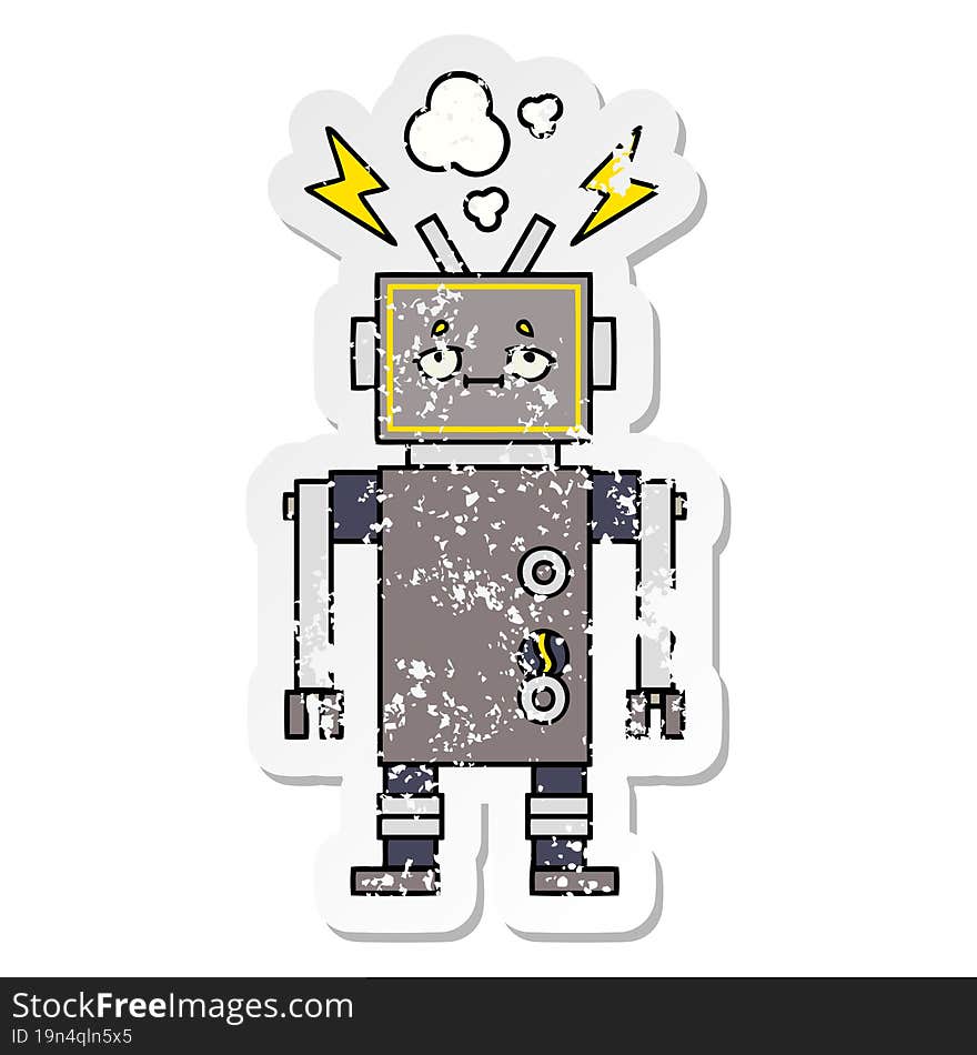 Distressed Sticker Of A Cute Cartoon Malfunctioning Robot