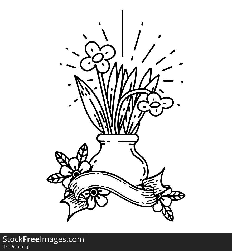 scroll banner with black line work tattoo style flowers in vase