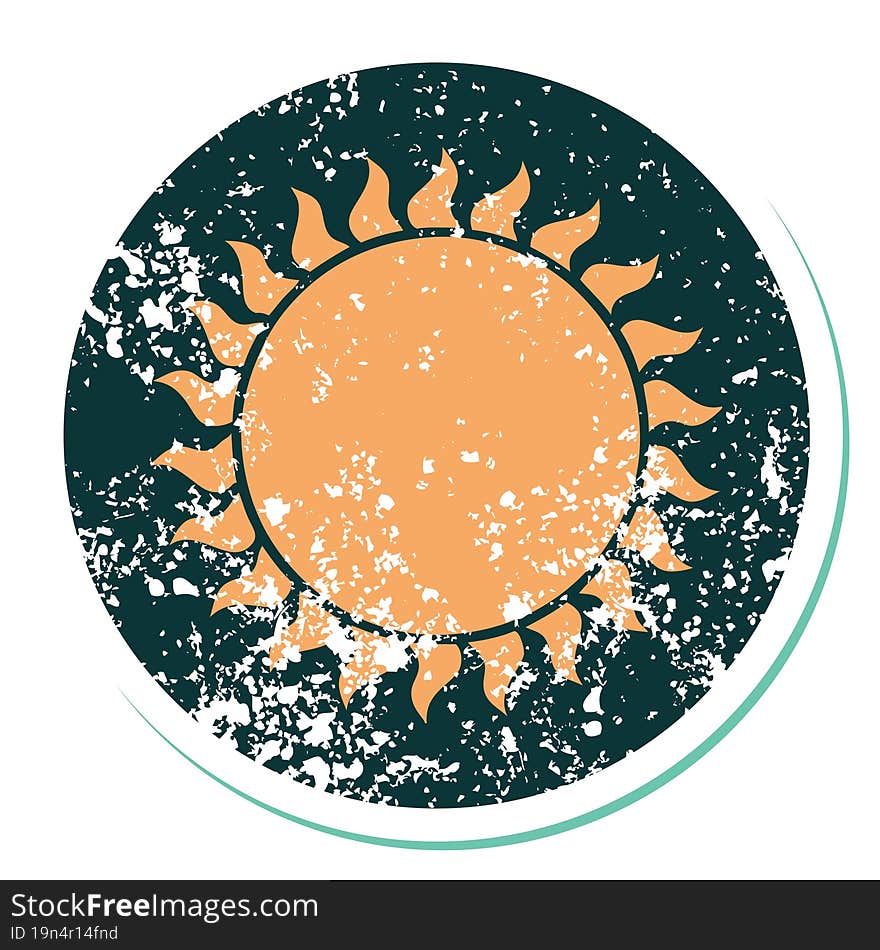 distressed sticker tattoo style icon of a sun