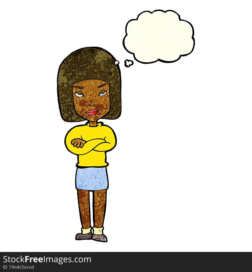 cartoon woman with crossed arms with thought bubble