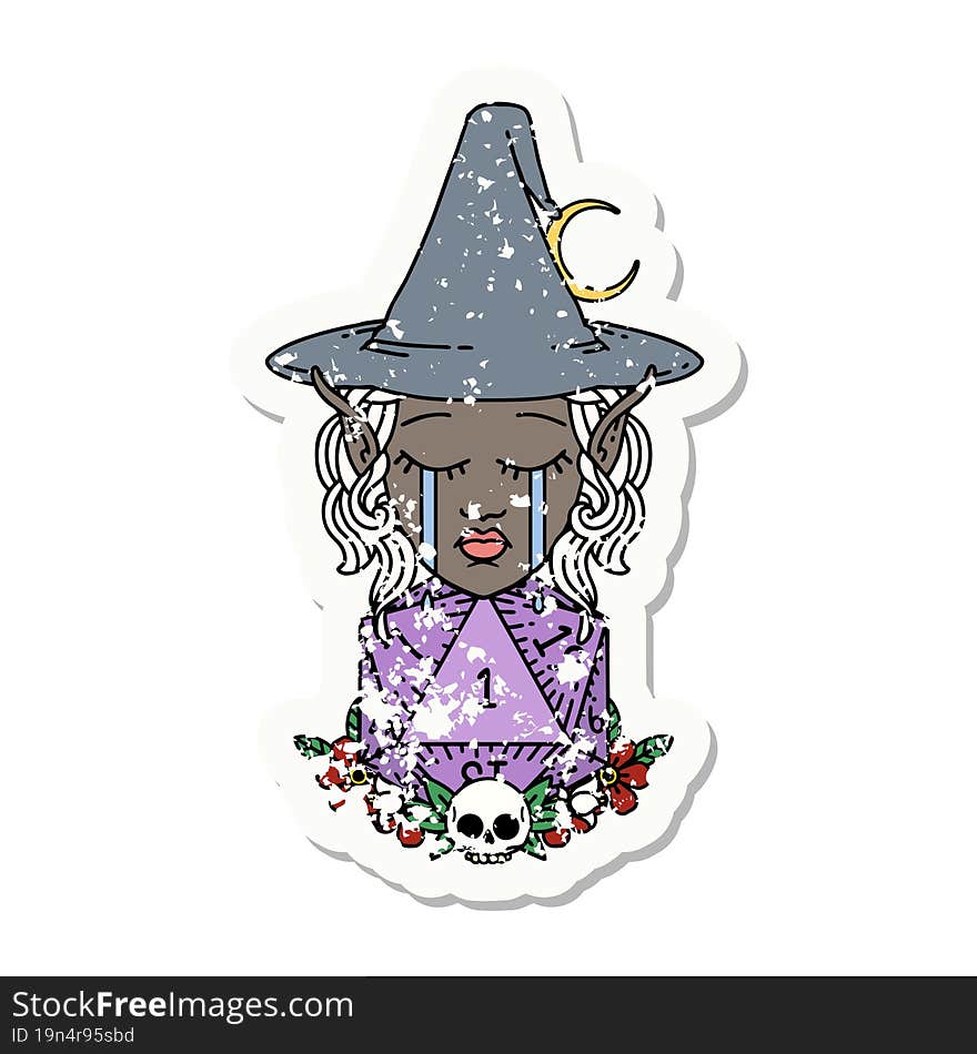 crying elf witch with natural one D20 roll illustration