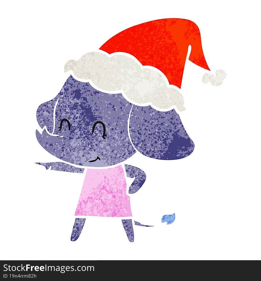 cute retro cartoon of a elephant wearing santa hat