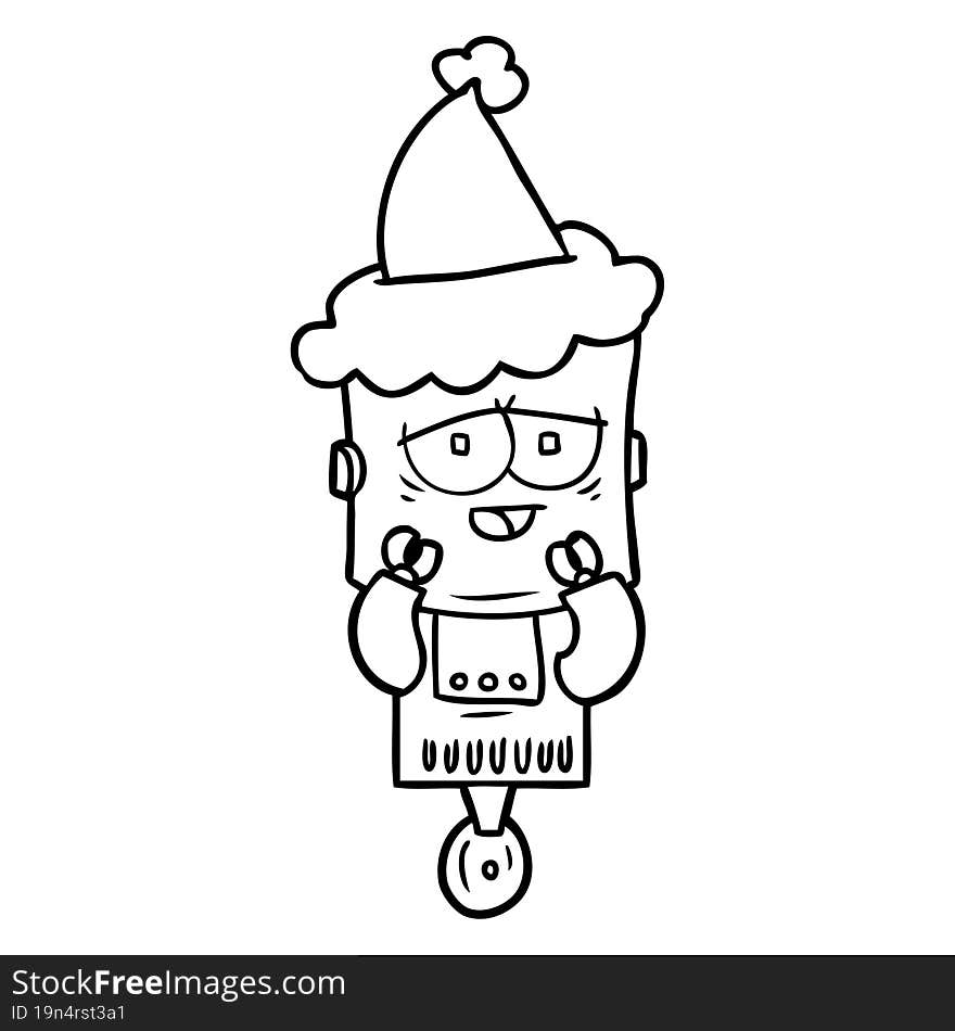 line drawing of a robot wearing santa hat