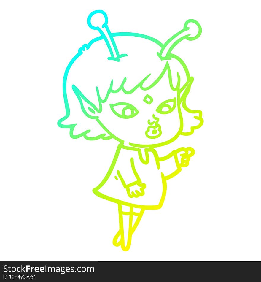 Cold Gradient Line Drawing Pretty Cartoon Alien Girl