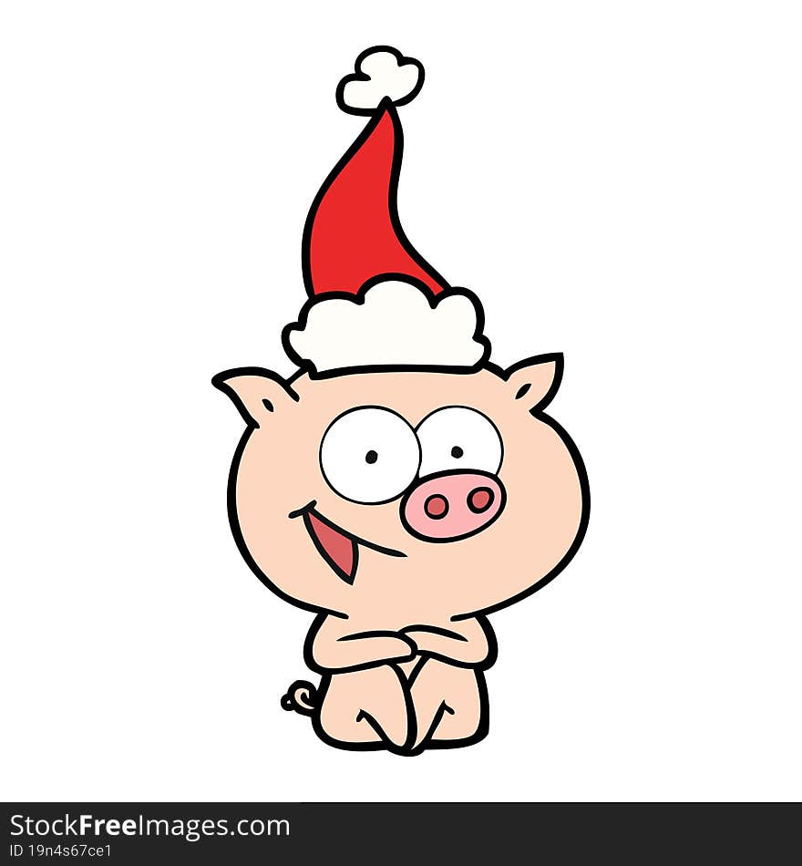 cheerful sitting pig line drawing of a wearing santa hat