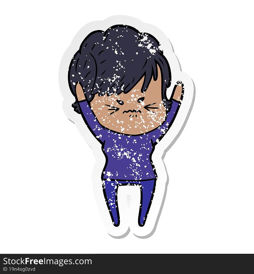 Distressed Sticker Of A Cartoon Frustrated Woman