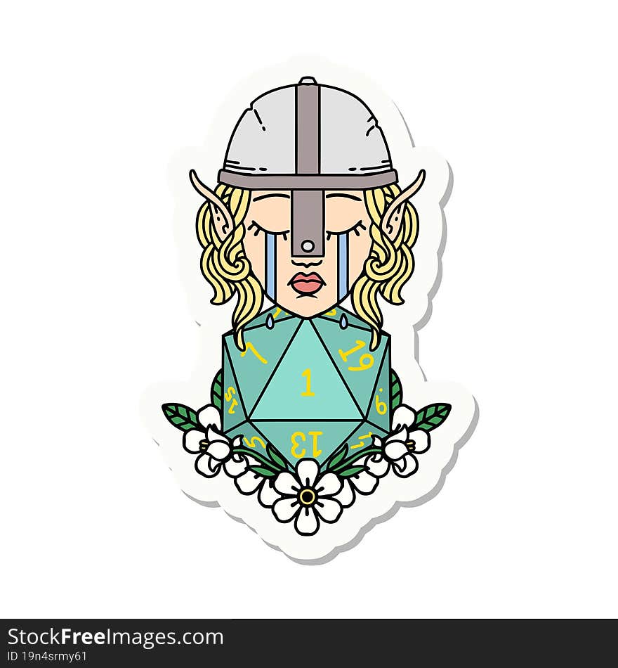 sad elf fighter character with natural one d20 roll sticker