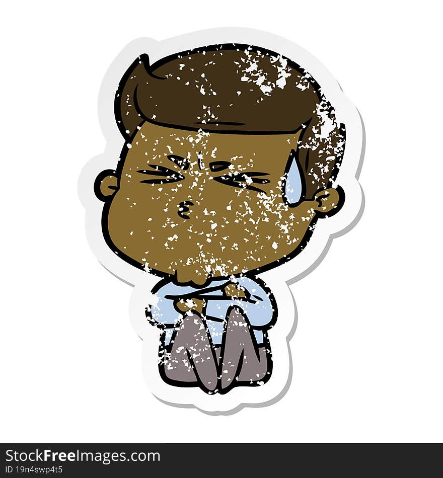 Distressed Sticker Of A Cartoon Man Sweating