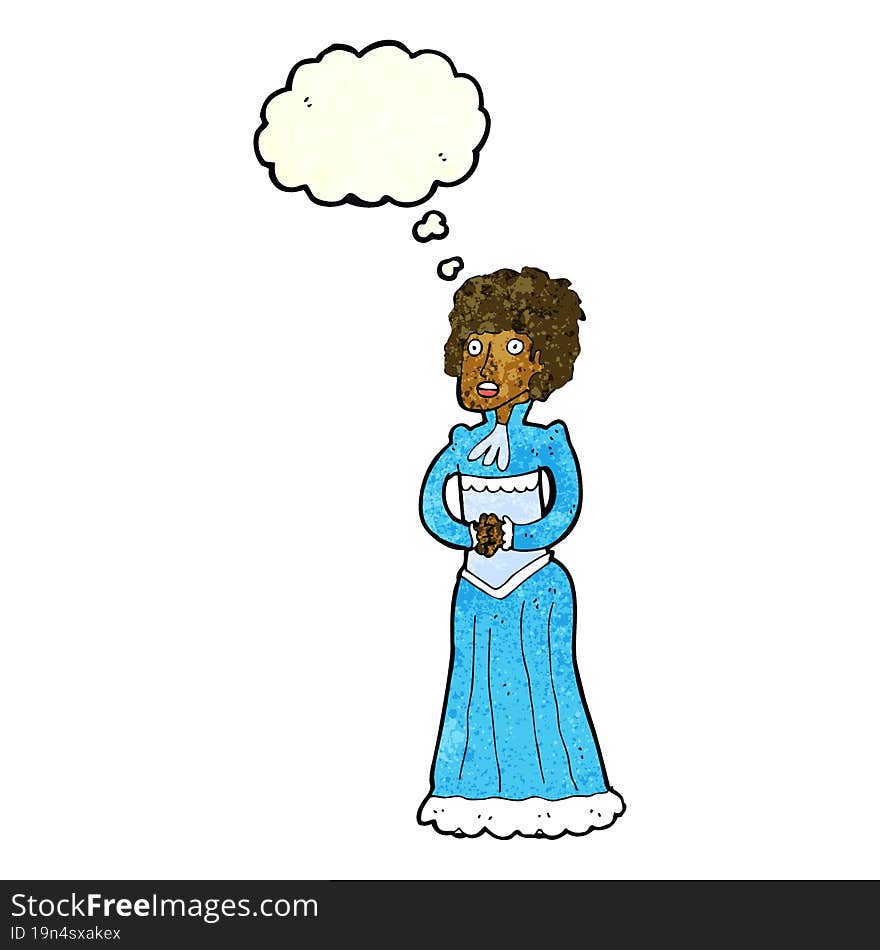 cartoon shocked victorian woman with thought bubble