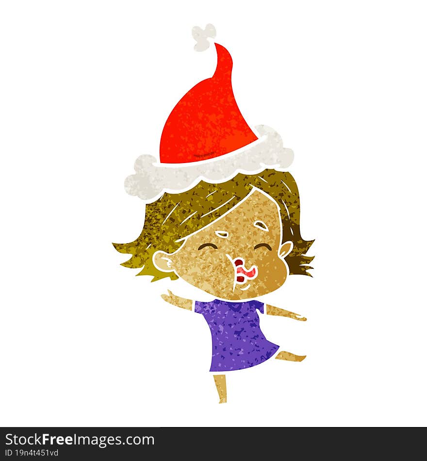 hand drawn retro cartoon of a girl pulling face wearing santa hat