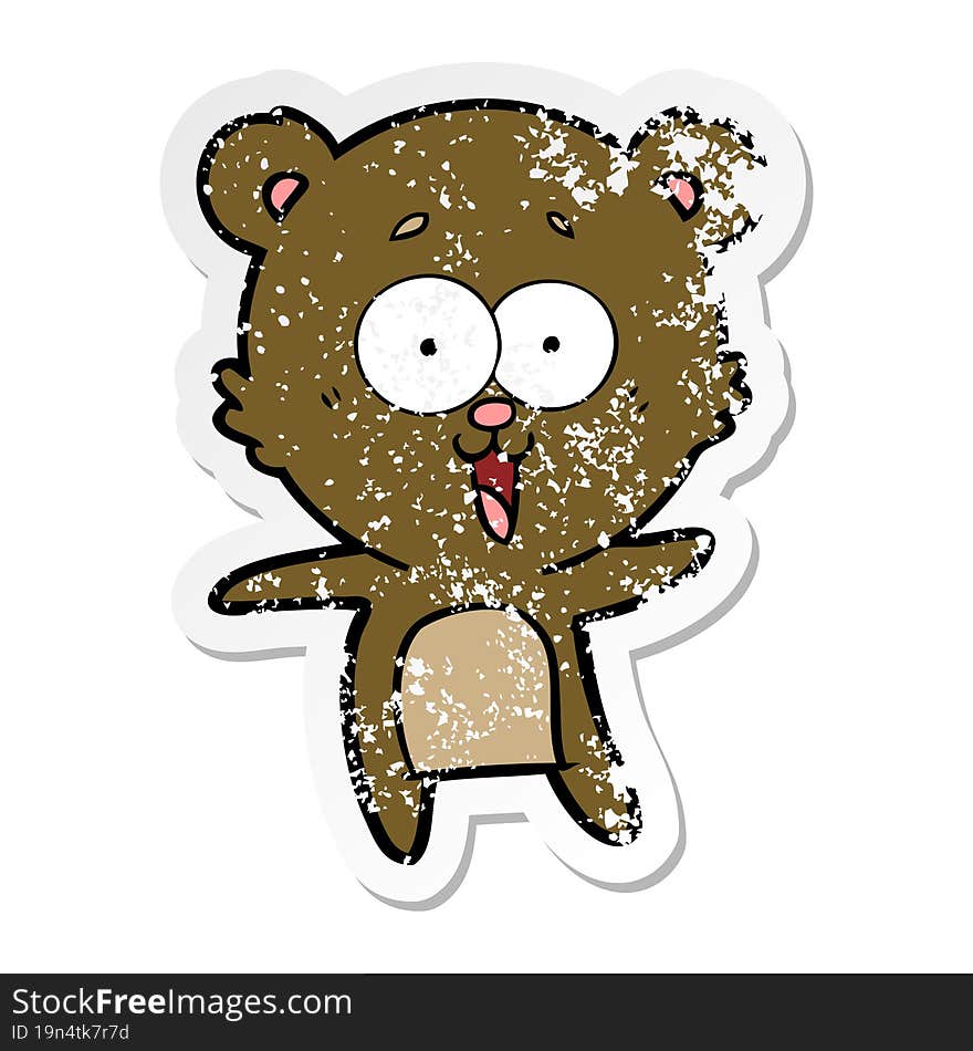 distressed sticker of a laughing teddy  bear cartoon