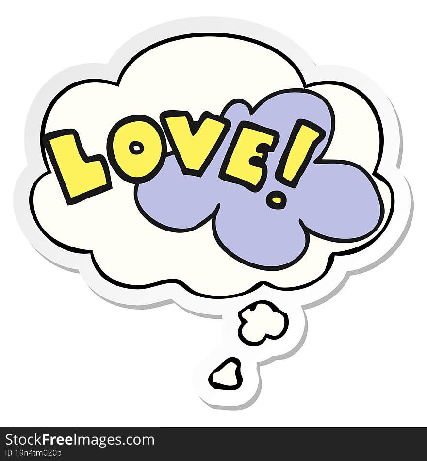 cartoon word love with thought bubble as a printed sticker