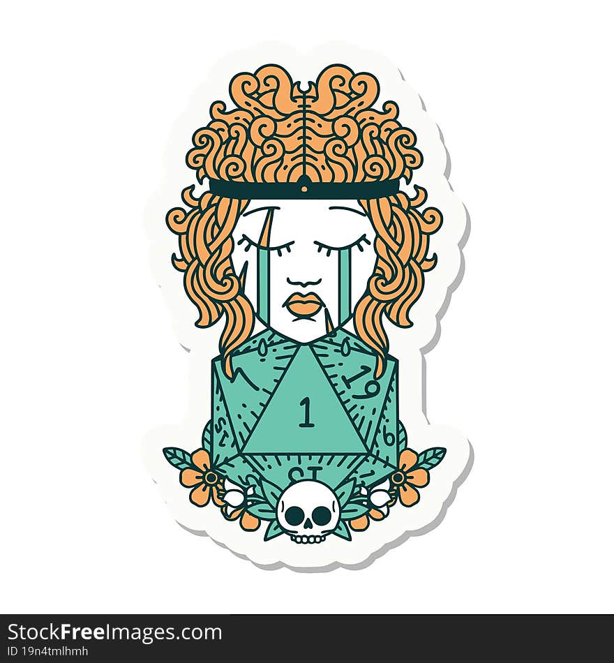 sticker of a crying human barbarian with natural one D20 roll. sticker of a crying human barbarian with natural one D20 roll