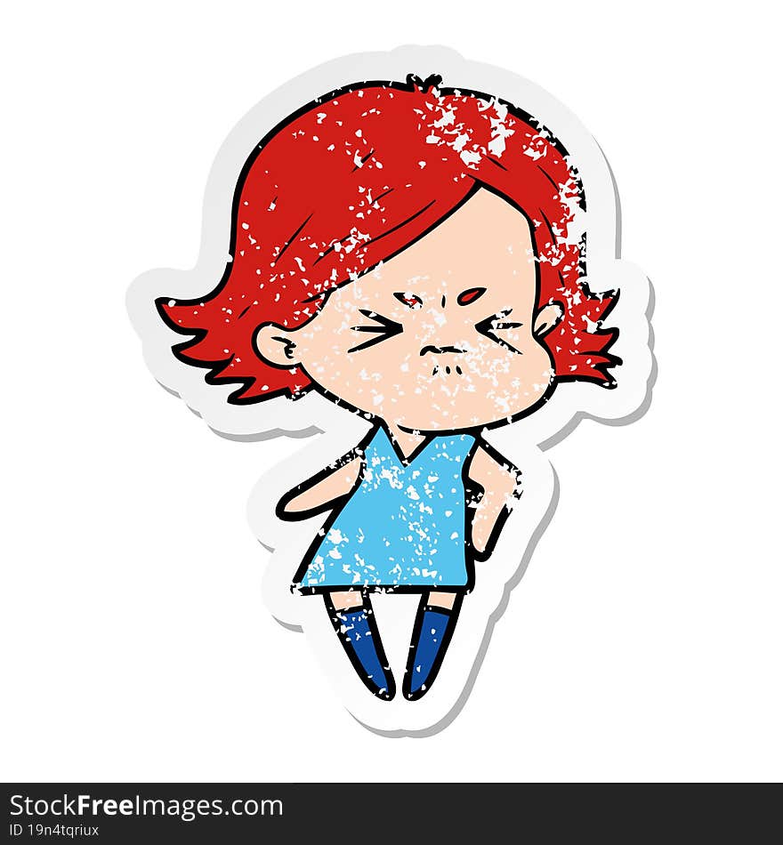 distressed sticker of a cartoon angry woman