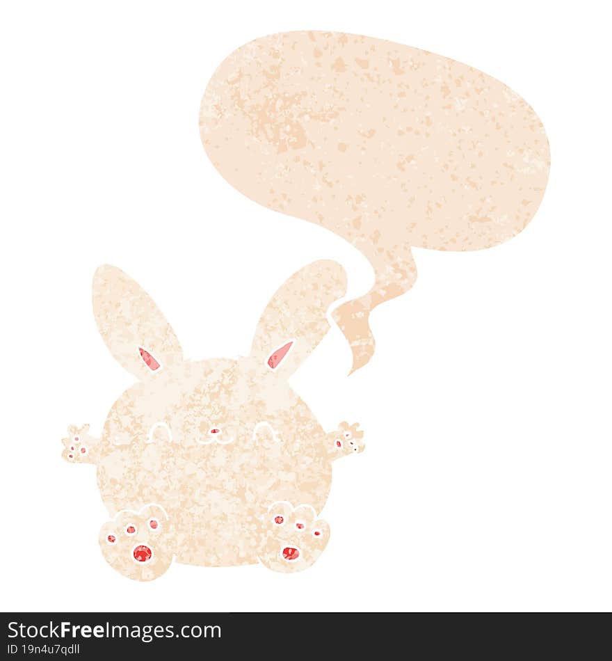 Cute Cartoon Rabbit And Speech Bubble In Retro Textured Style