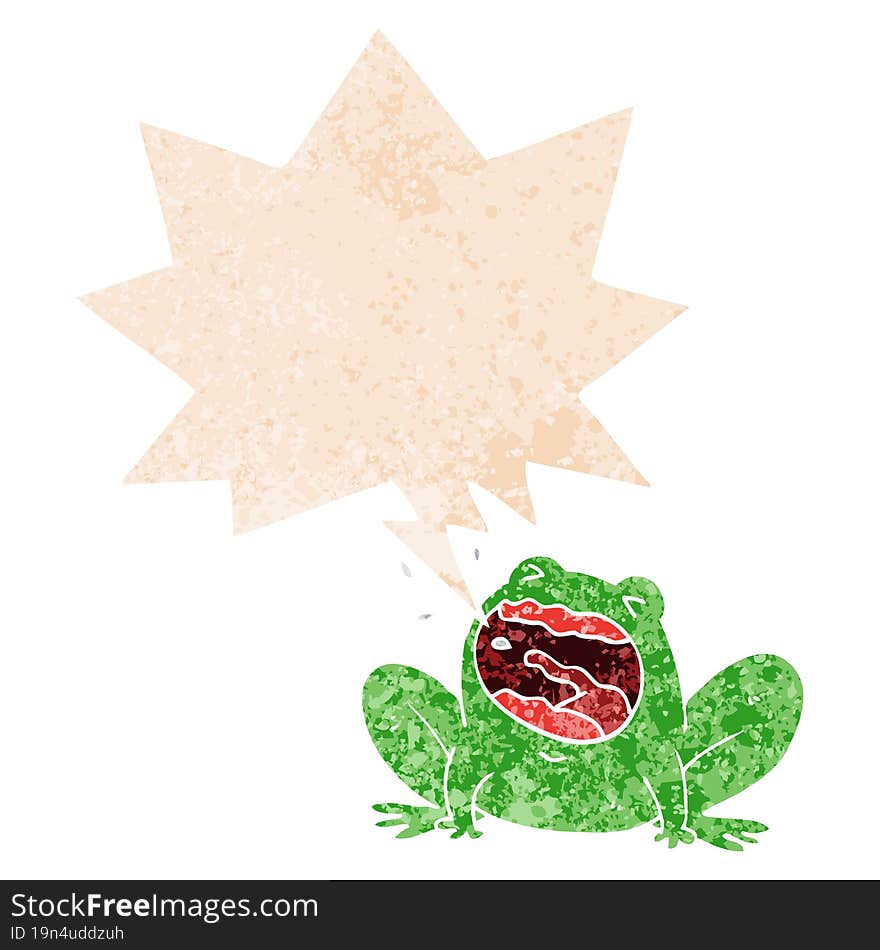 cartoon frog shouting and speech bubble in retro textured style