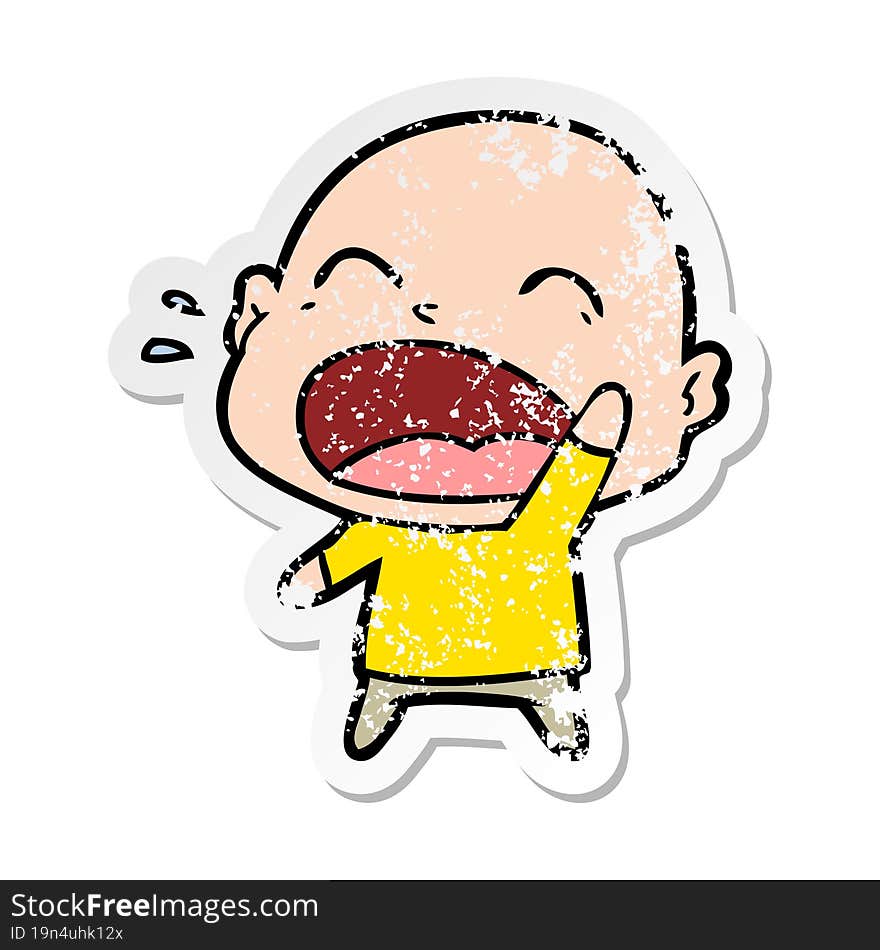 distressed sticker of a cartoon shouting bald man