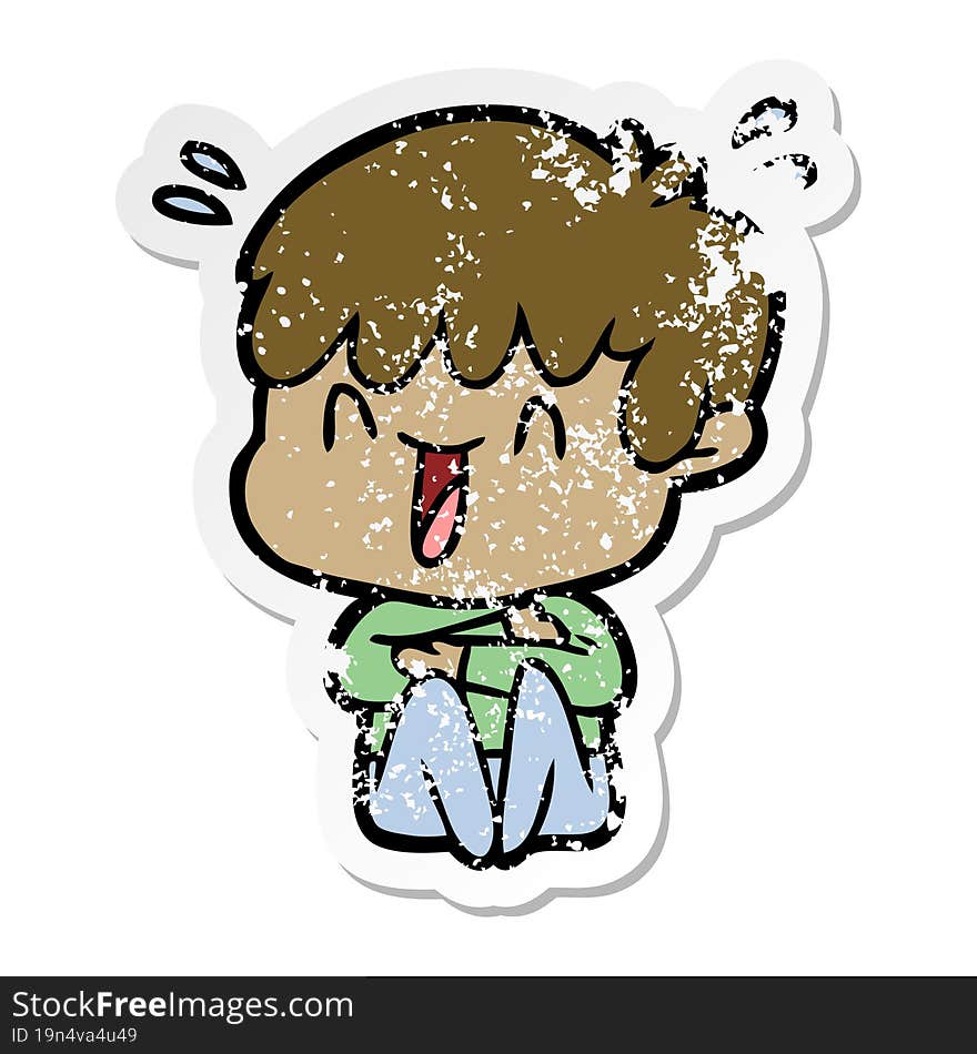 distressed sticker of a cartoon laughing boy