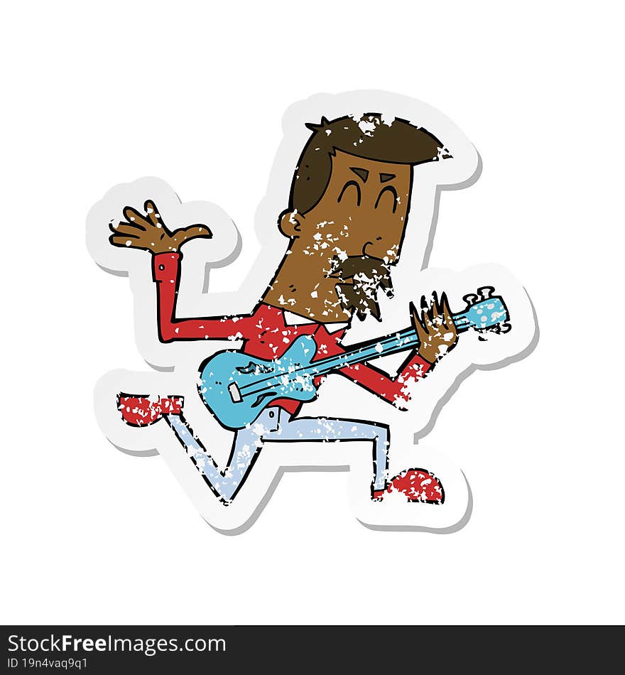 Retro Distressed Sticker Of A Cartoon Man Playing Electric Guitar