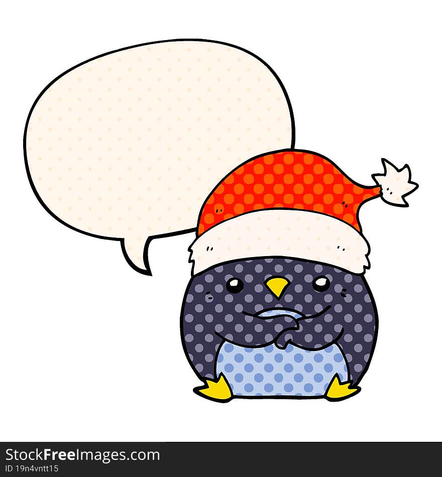 cute cartoon penguin wearing christmas hat and speech bubble in comic book style