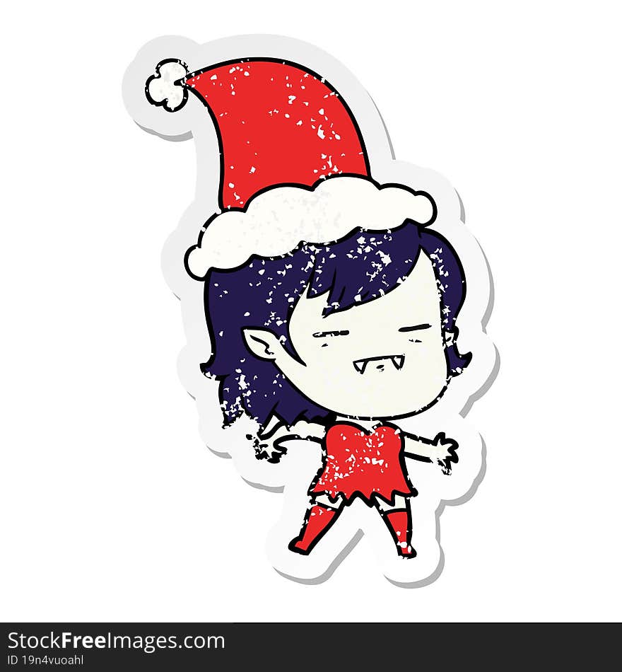 distressed sticker cartoon of a undead vampire girl wearing santa hat