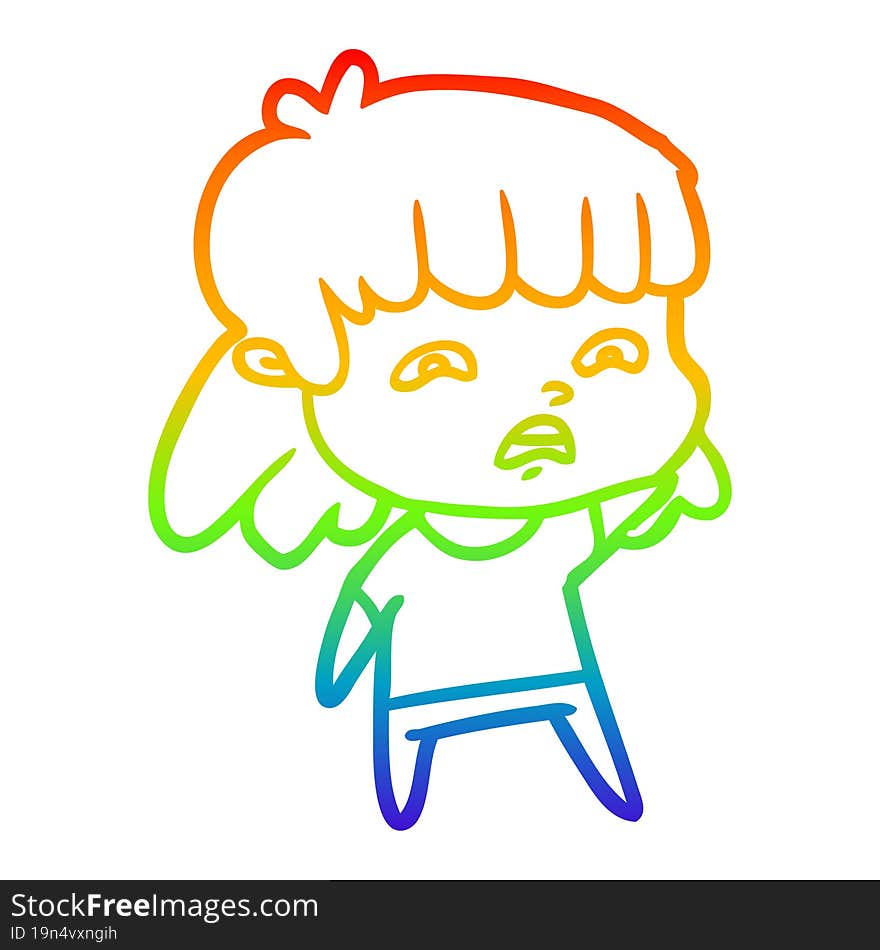 rainbow gradient line drawing cartoon worried woman