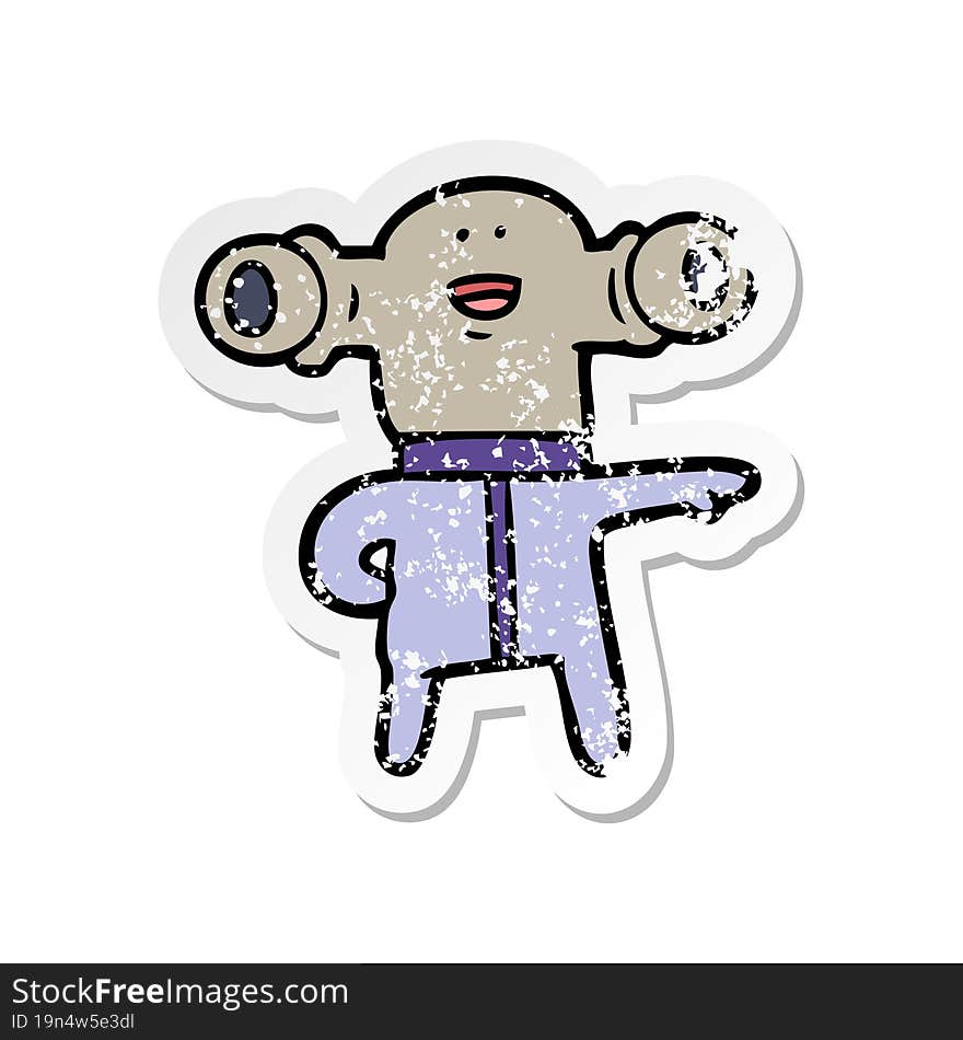 distressed sticker of a friendly cartoon alien