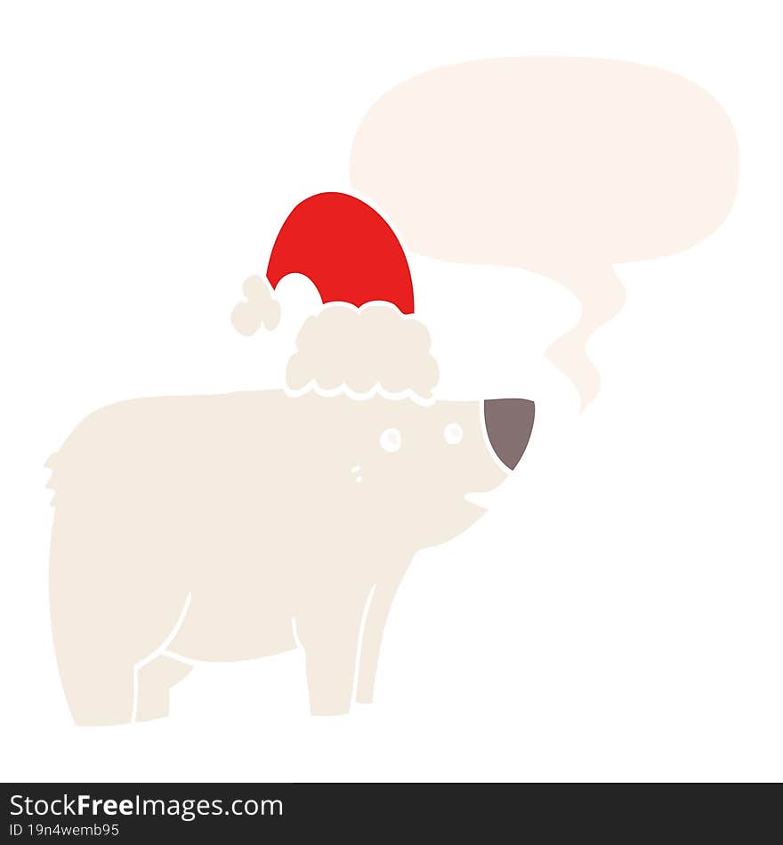 cartoon bear wearing christmas hat and speech bubble in retro style