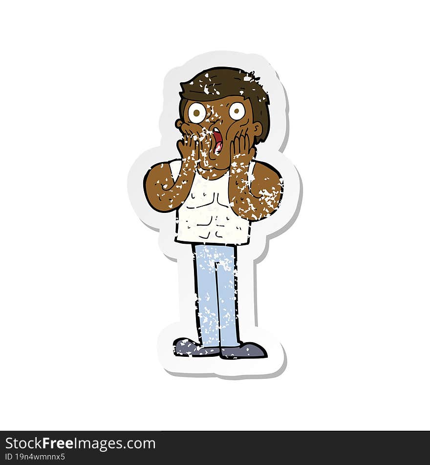 retro distressed sticker of a cartoon shocked gym man