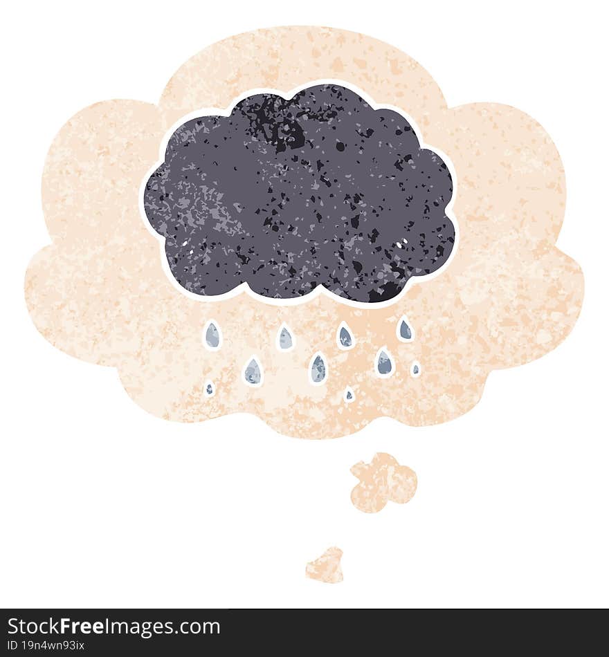 cartoon cloud raining and thought bubble in retro textured style